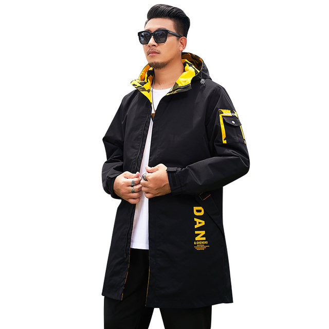 Large size windbreaker men's loose trendy brand plus fat fat man autumn men's 2021 hooded mid-length coat