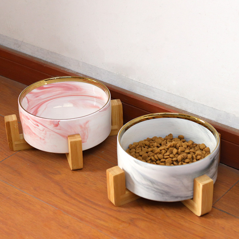 Wooden ceramic cat bowl pot proof to overturn cat bowl pot imitation marble dog bowl pet bowl supplies
