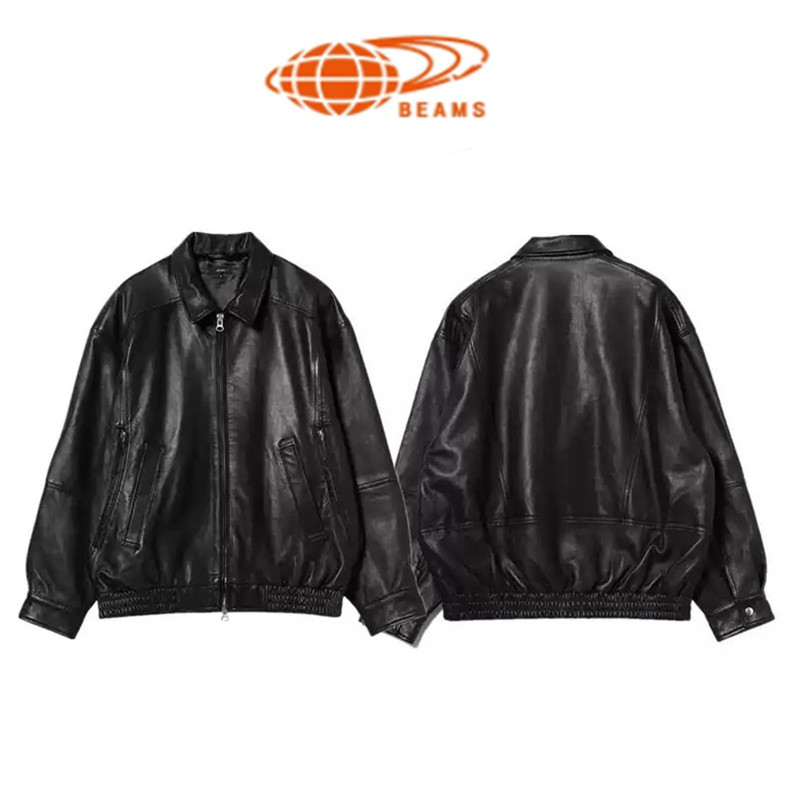 In Stock 50% off】Beams 25Ss Japanese-Style Sheepskin Loose Retro Biker Unisex Zipper Leather Jacket Coat