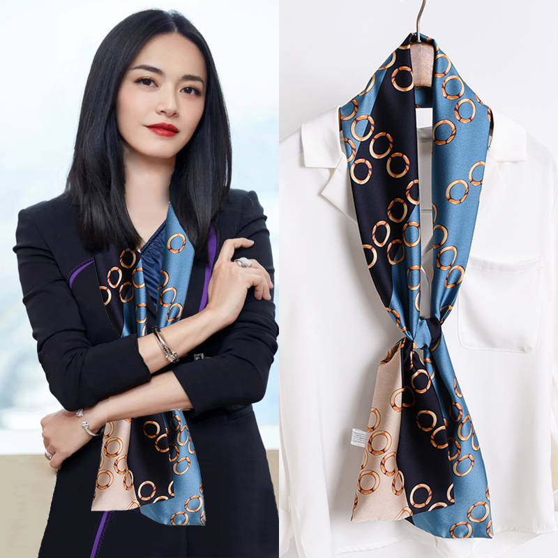 Shawl narrow long small silk scarf women's spring and autumn Western fashion Korean wild decorative scarf Scarf long square towel