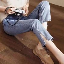 Pregnant woman jeans spring summer slim fit straight cylinder 90% small sub light color pants loose open fork smoke pipe pants summer load