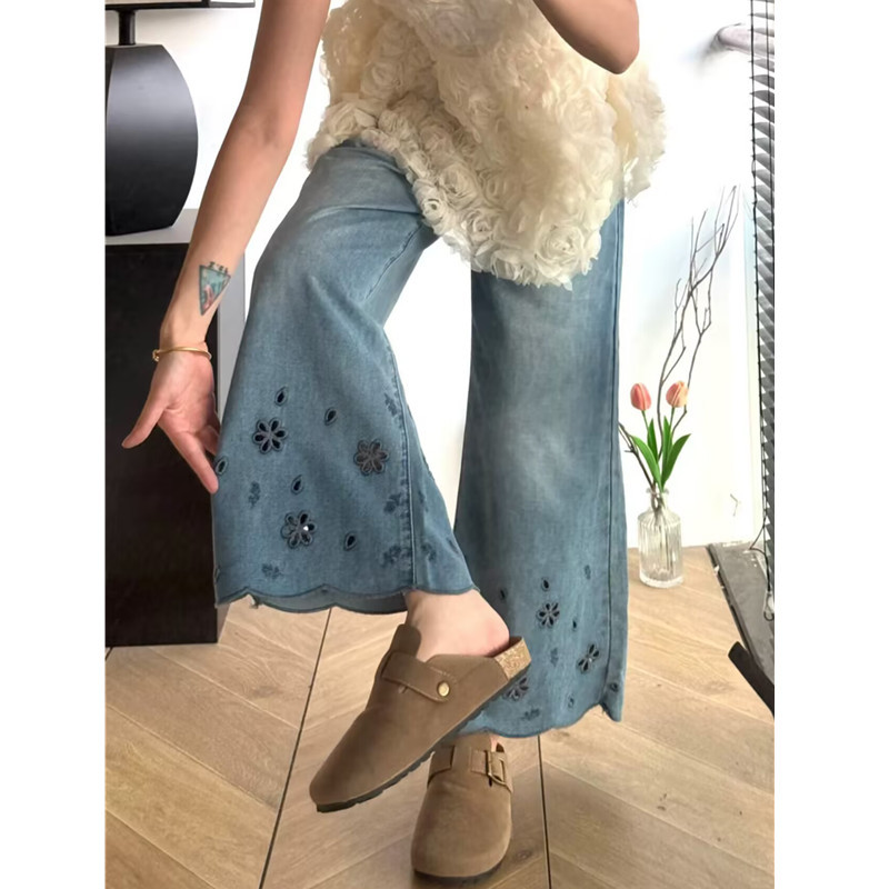 Maternity Tencel Hollow Embroidery Straight-Leg Jeans, Summer Thin Style, Plus Size, Non-Constricting, Slimming, Wide-Leg Cropped Pants Maternity Tencel Hollow Embroidery Straight-Leg Jeans, Summer Thin Style, Plus Size, Non-Constricting, Slimming, Wide-Leg Cropped Pants