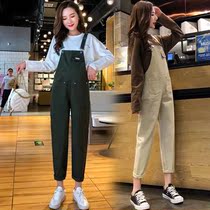 2019 New autumn clothing Korean version of pregnant women Net red loose thin conjoined denim pants nine suspenders tide