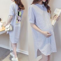 Maternity Dress Summer Top Korean Fashion Long Mickey Striped Maternity Shirt Short Sleeve Large Size Tide Mom Dress