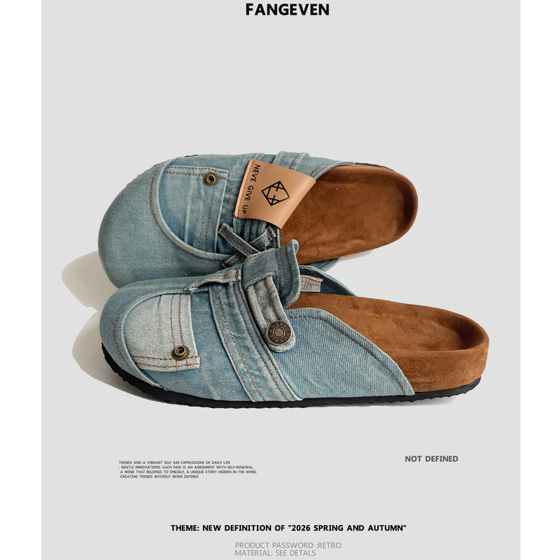 Fang Even Retro Ethnic Style Metal Button Denim Birkenstock Shoes Men's Couple Slip-On Summer Breathable Sandals Fang Even Retro Ethnic Style Metal Button Denim Birkenstock Shoes Men's Couple Slip-On Summer Breathable Sandals