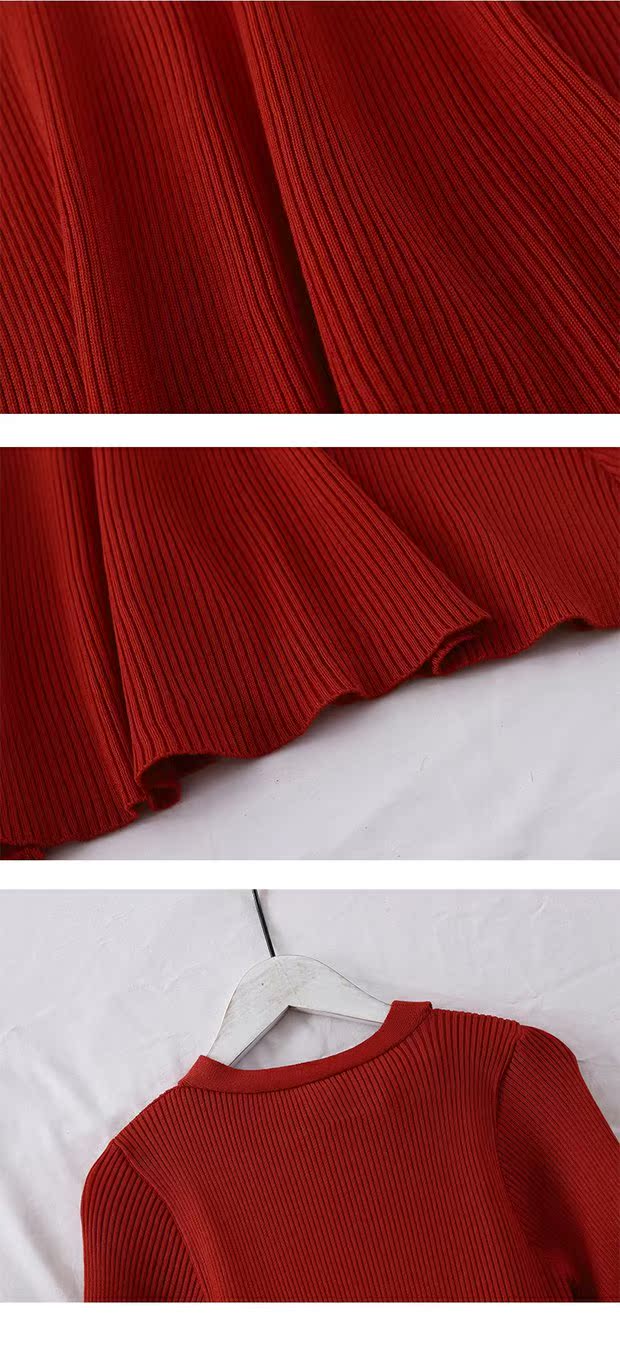 Mùa thu mới V-cổ nơ đan váy nữ kèn tay áo eo đặt đáy lớn dài đến đầu gối váy dài
