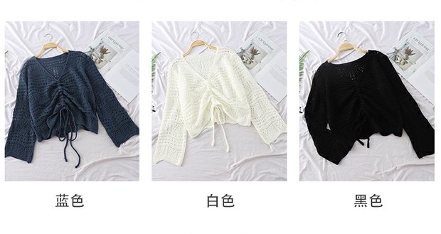 Thiếu nữ cẩn thận openwork thiết kế dây rút Áo len cổ chữ V dài tay áo len nữ phần mỏng áo len cổ chữ V ngắn lỏng lẻo quần áo nữ đẹp