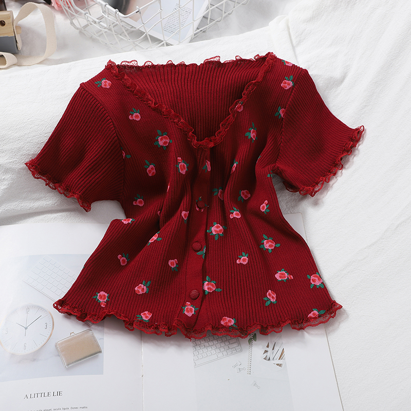 Claretfashion Age reduction Sweet like a breath of fresh air printing Sweater female Korean version Splicing Lace lace Exposure of clavicle jacket Cardigan
