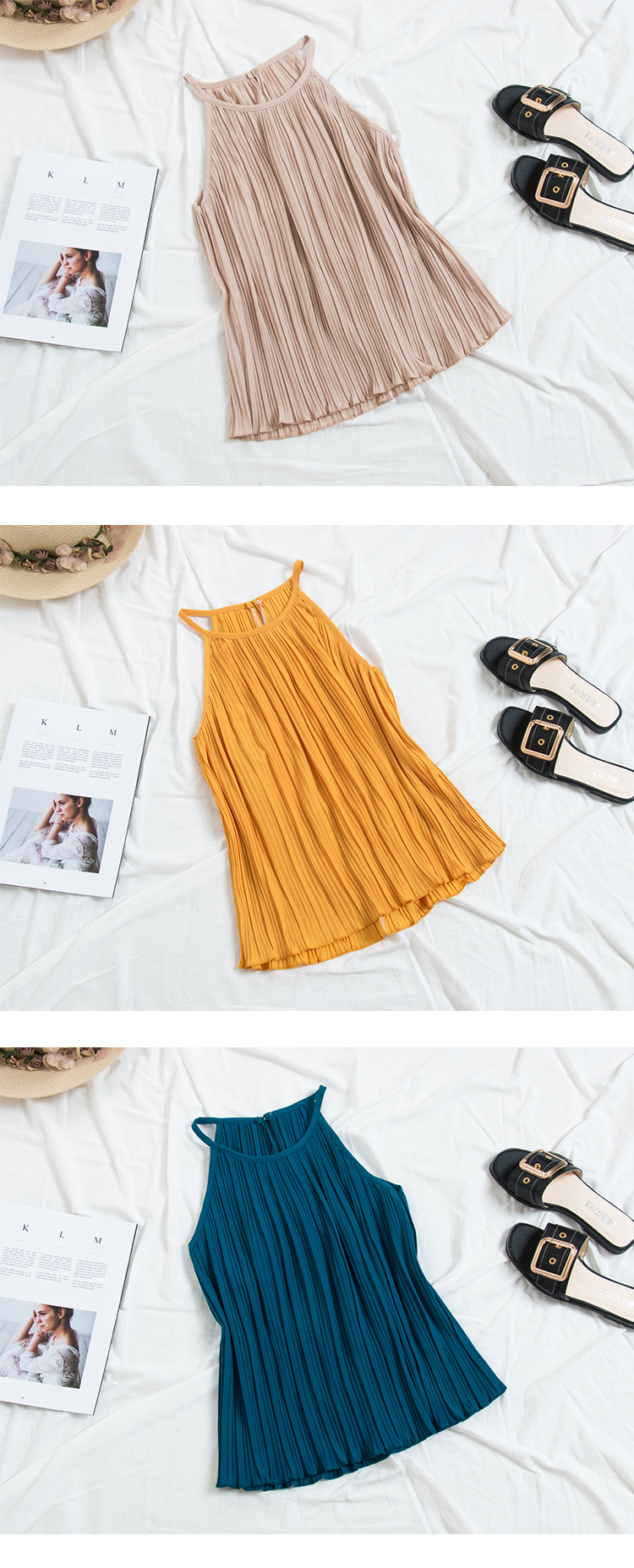 2018 mùa hè mới retro xếp li voan treo cổ yếm trong nữ tính khí không tay áo sơ mi sinh viên ao b lo nu ca tinh
