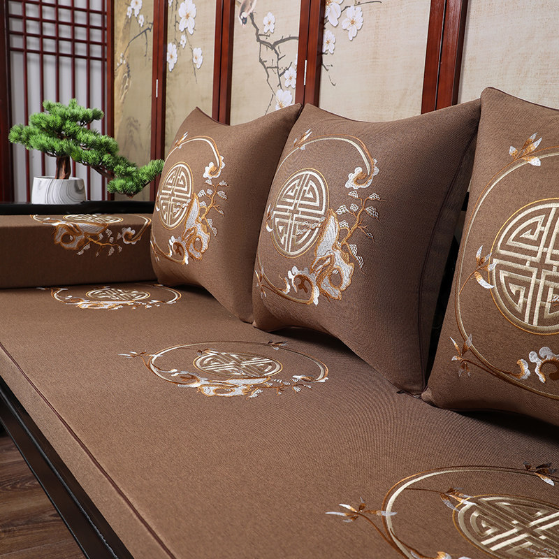 New Chinese solid wood furniture embroidery sofa seat cushion cover mahogany sofa cushion non-slip sofa cushion Luohan bed customization