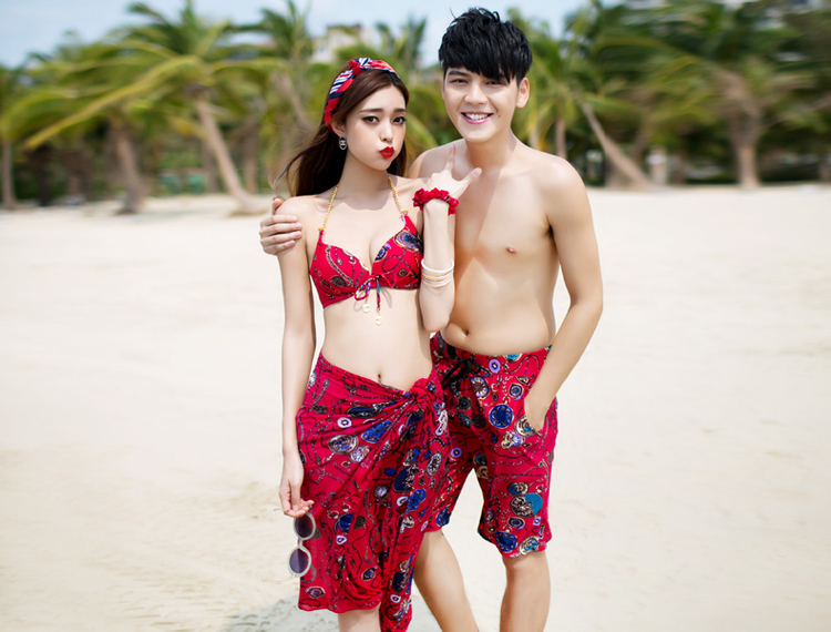 Áo cưới đi biển màu đỏ đôi áo tắm nữ ba mảnh phù hợp che bụng Hàn Quốc áo tắm nóng bỏng quần bơi nam - Vài đồ bơi đồ đôi đi biển cho nữ