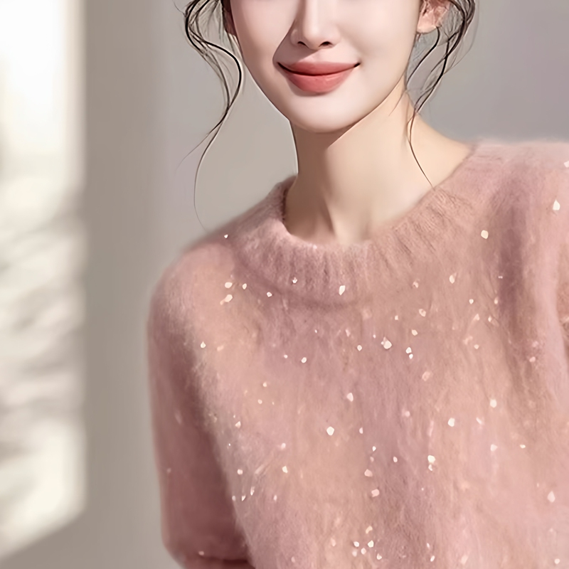 2025 New Style Lazy Chic High-End Sequin Round Neck Pullover Sweater for Women, Autumn and Winter Long-Sleeve Knitwear
