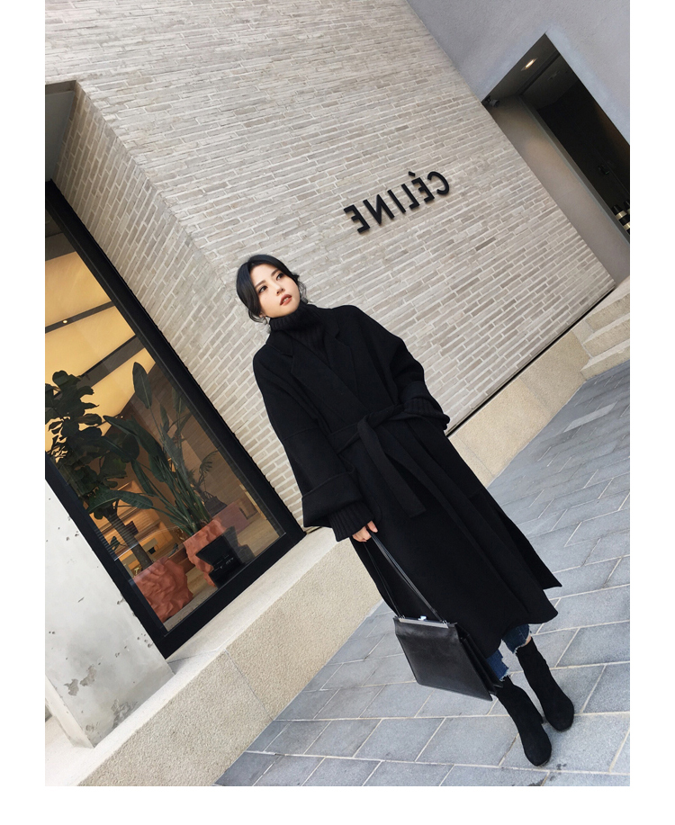 Áo khoác len màu đen nữ mùa đông dài trên đầu gối quai bóng hình đôi áo len cashmere làm bằng tay áo khoác nữ form rộng
