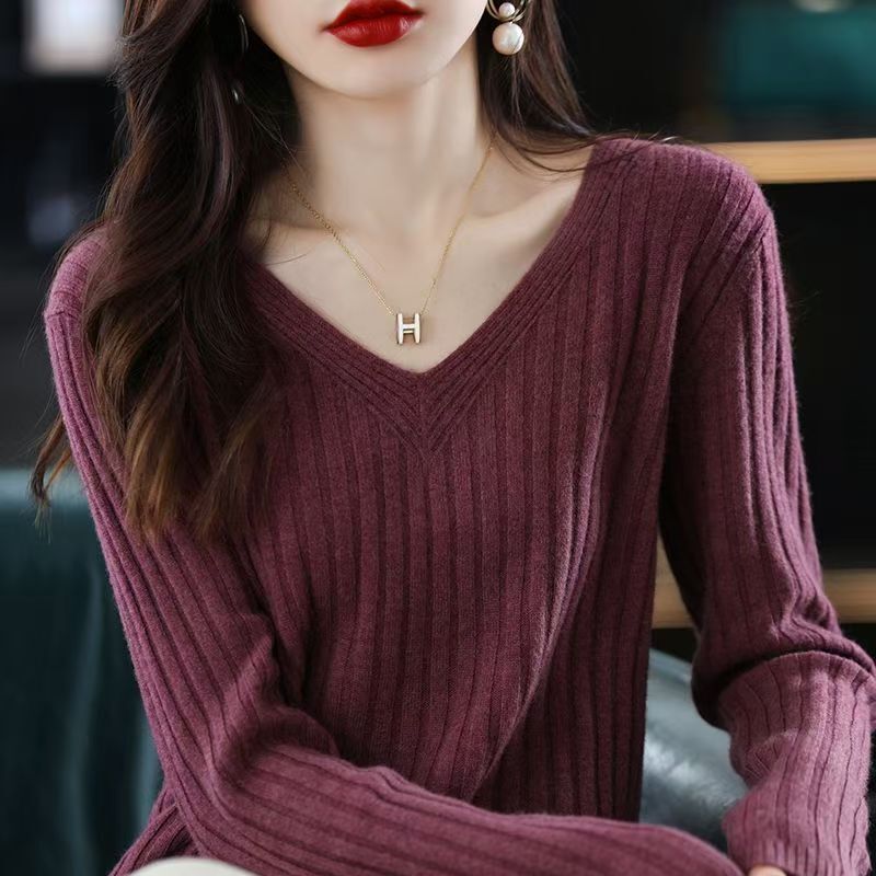 V-Neck Pullover Long-Sleeve Knitted Base Shirt Women's Sweater Autumn and Winter Versatile Inner Layer Sweater Top