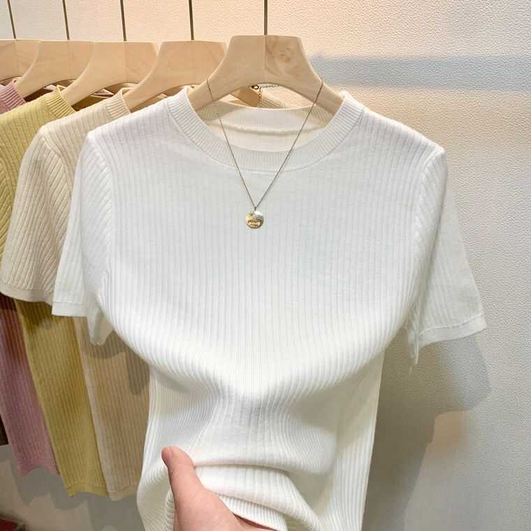 2026 Summer New Slim-Fit Knit Short-Sleeve Top Women's Pullover Sweater Inner Wear Short Round-Neck Base Shirt 2026 Summer New Slim-Fit Knit Short-Sleeve Top Women's Pullover Sweater Inner Wear Short Round-Neck Base Shirt