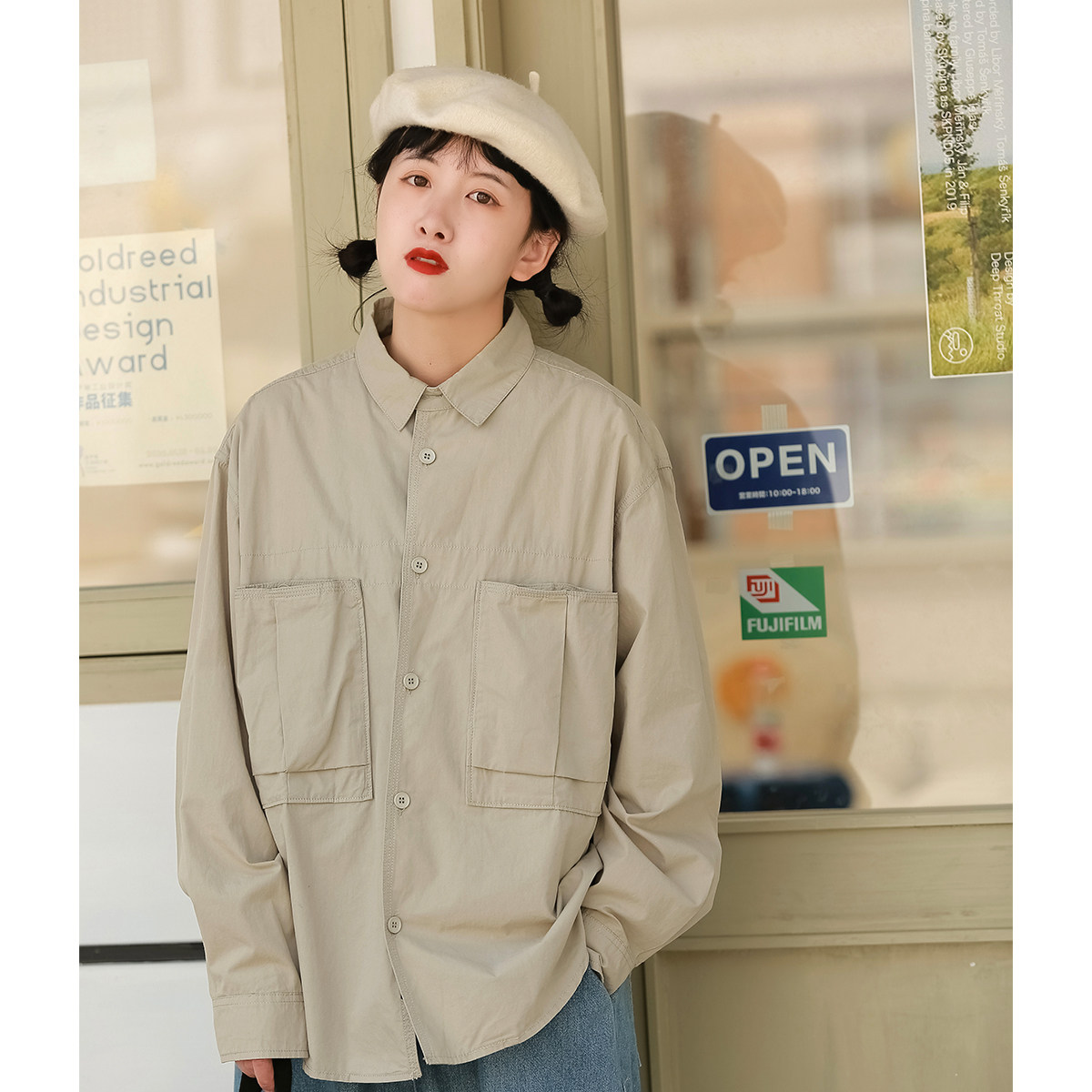 Upright walking tooling shirt female Japanese multi-pocket college style shirt spring and autumn thin coat student bf shirt