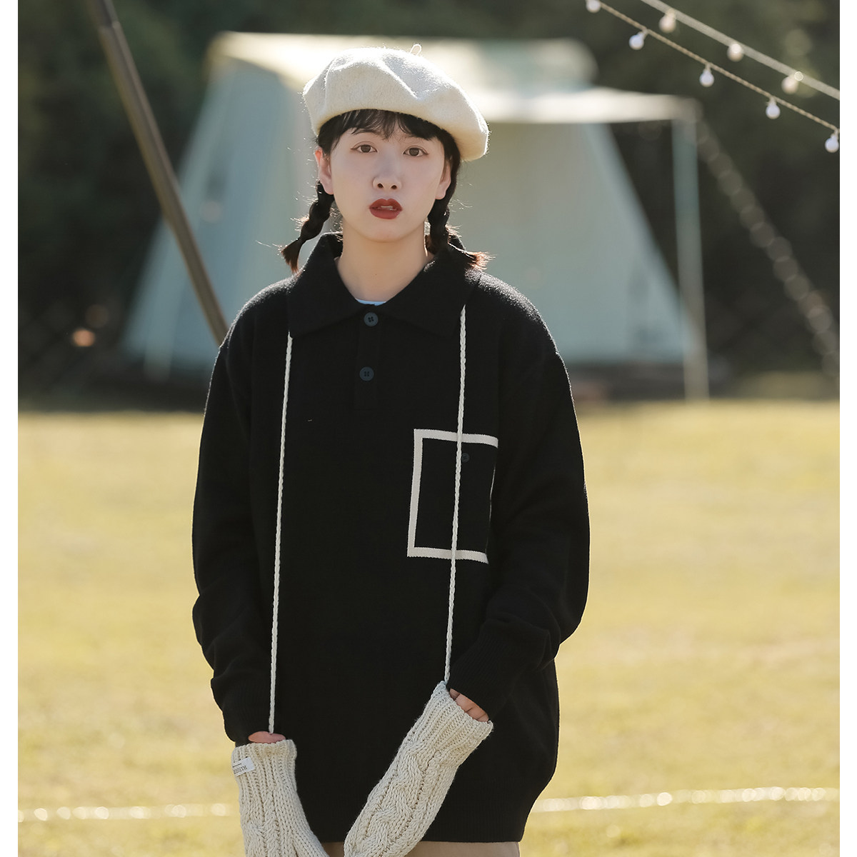 Upright walking salt Autumn Sweater women long sleeve polo lapel knitwear letter pattern loose pullover thread coat