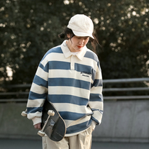 Spring and autumn days VINTAGE POLO POLO COLLAR STRIPED HOODED SWEATSHIRT MALE AND FEMALE COLLEGE WIND LONG SLEEVE 100 LAP CASUAL EMBROIDERED SWEATSHIRT BF