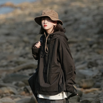 Spring Autumn Day Ensemble Retro Jacket Head Jacket Large Pocket Submachine Clothing Tide Card Outdoor Function Windproof Tooling Jacket Female Bf