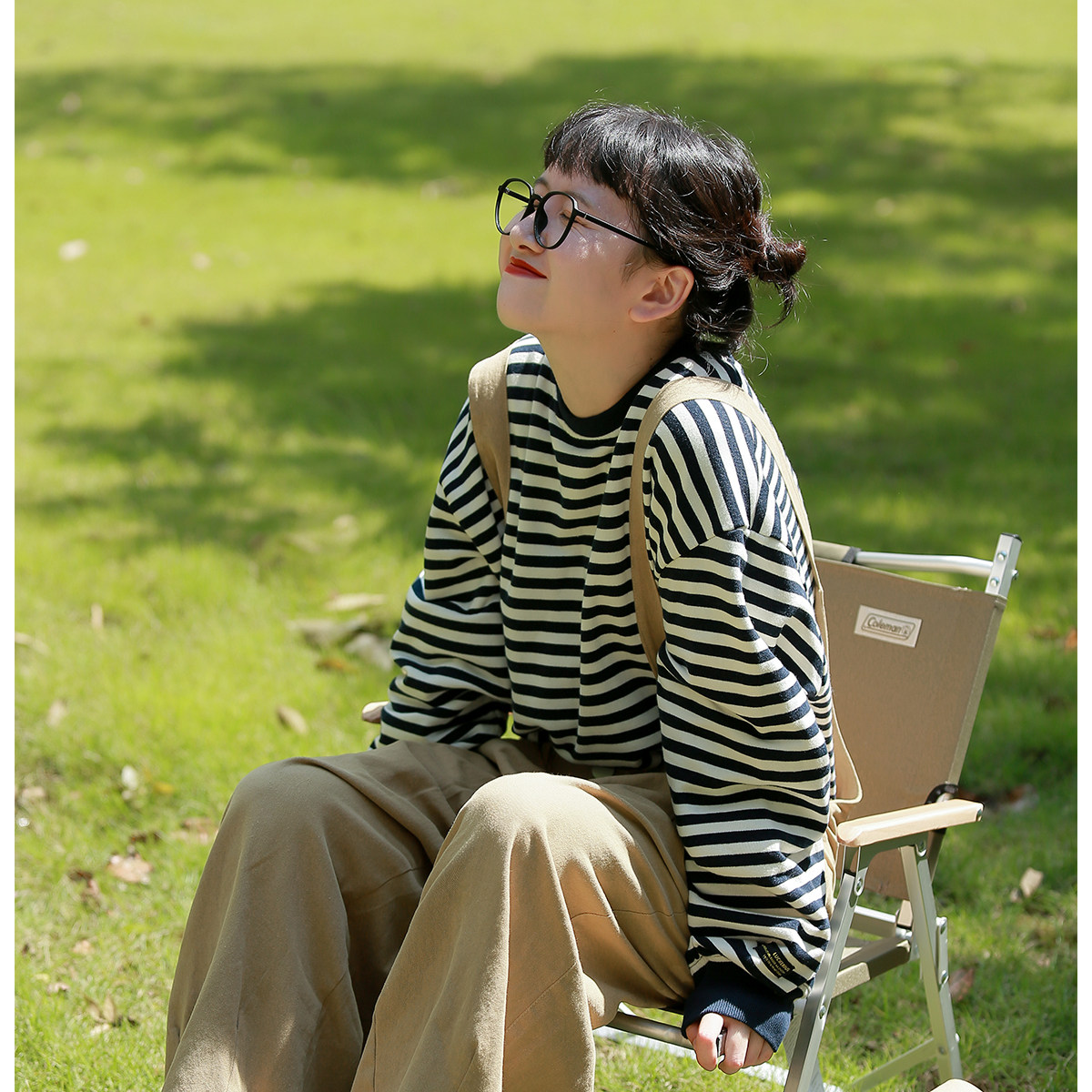 Japanese Ancient vintage Sweattie Women Harajuku bf Lazy Wind Stripes Thin Long Sleeve Student Couple Top Tide