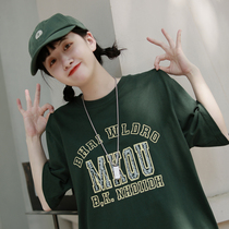 Upright walking American retro T loose with thin letters printed short sleeves T-shirt female tide casual hit bottom student blouse