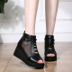 2024 Spring and Summer New Wedge Heel Mesh Fish Mouth Shoes Feminine Thick Sole Inner Height Sandals Hollow Breathable Sandals