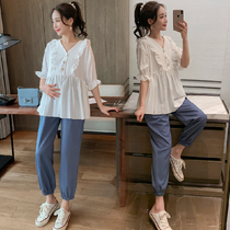 Pregnant women Spring suit fashion 2021 summer out chiffon top tide mother Net red two-piece Spring and Autumn New