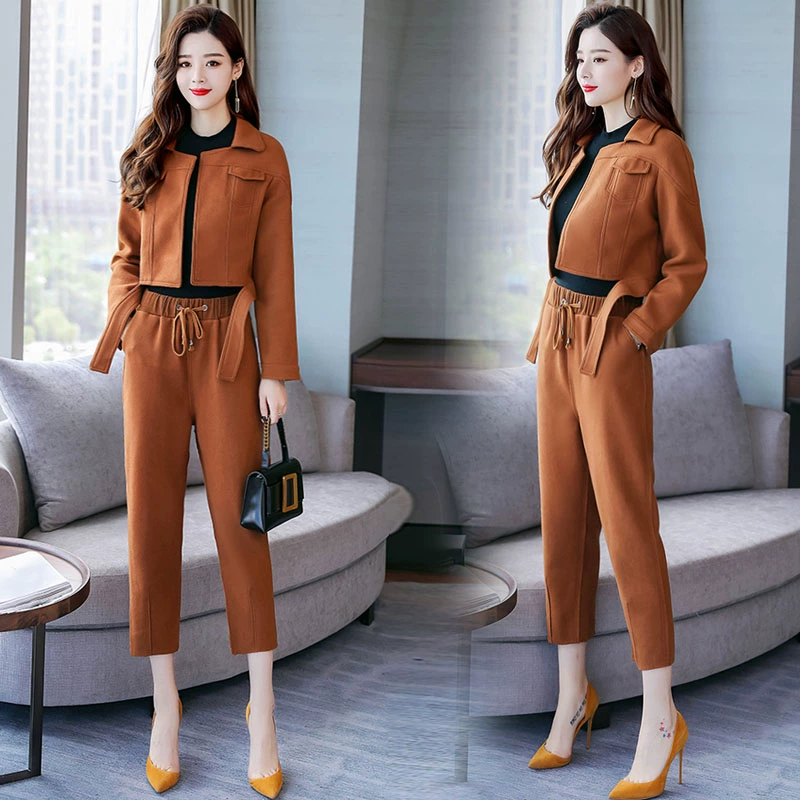 Shen Yidu Spring 2021 new plus size phụ nữ áo khoác hai mảnh mùa xuân và mùa thu quần tây len phù hợp với 6212 - Bộ đồ