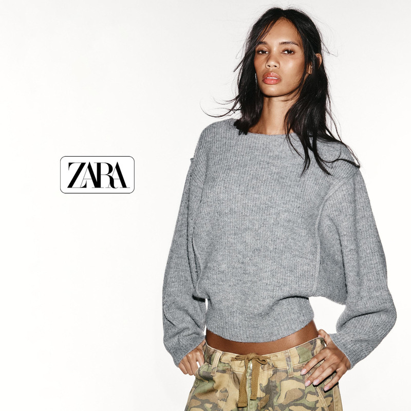 Direct Shipping Purchase of Zara Gray Knit Sweater for Women, Drop Shoulder Long Sleeve, Round Neck, Loose Pullover Casual Sweater