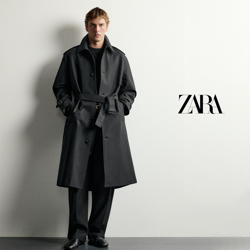 Direct Shipping Purchase Zara Pure Cotton Trench Coat Men's Black Belted Waist-Cinching Single-Breasted Commuter Mid-Length Coat