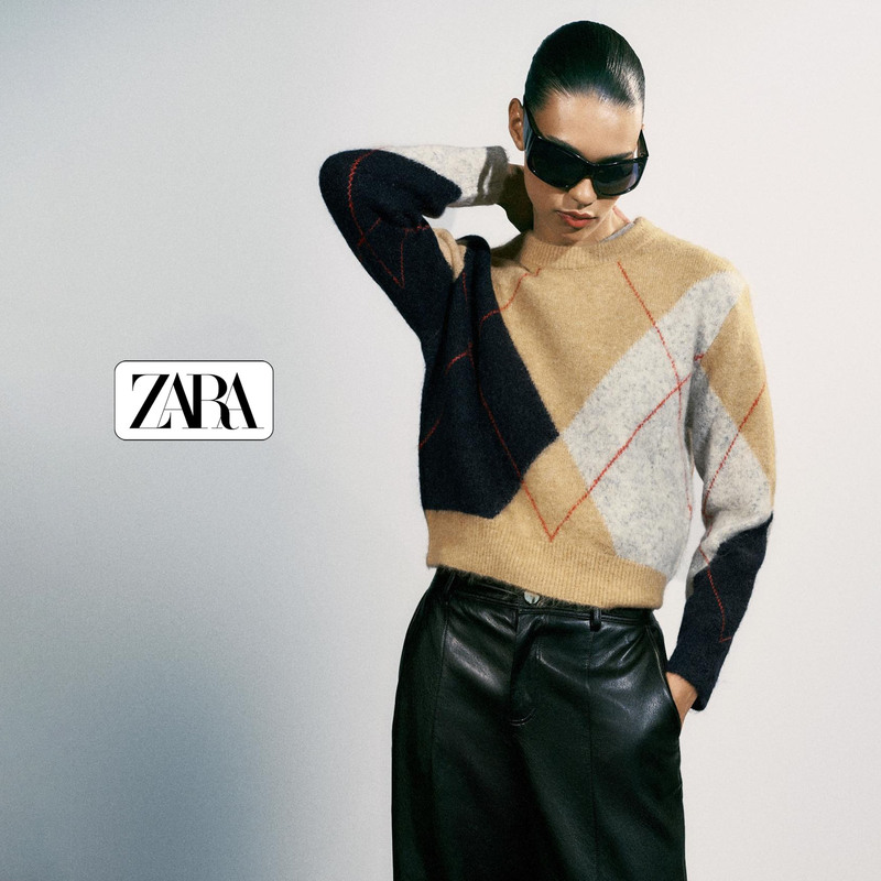 Direct Mail Order Zara Women's Knitwear Round Neck Long Sleeve Color-Block Geometric Plaid Loose Pullover Sweater
