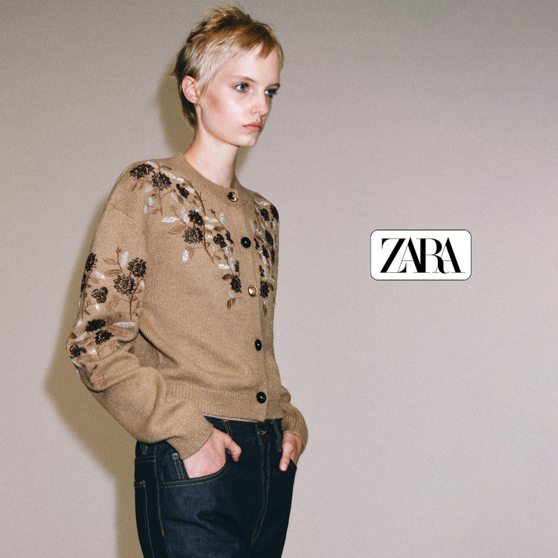 Direct Shipping Purchase of Zara Women's Knitwear: Round Neck, Drop Shoulder, Long Sleeve, Embroidered Pattern, Short Cardigan Sweater