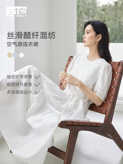 对白莱赛尔醋酸法式度假镂空连衣裙女2025夏新款泡泡袖减龄A字裙