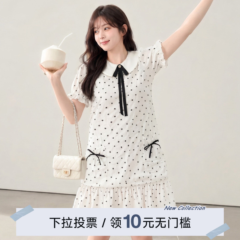 Yuzi Caviar Star Polka Dot Chiffon Dress Doll Collar White Puff Sleeves Retro Sweet Plus Size Women's Clothing