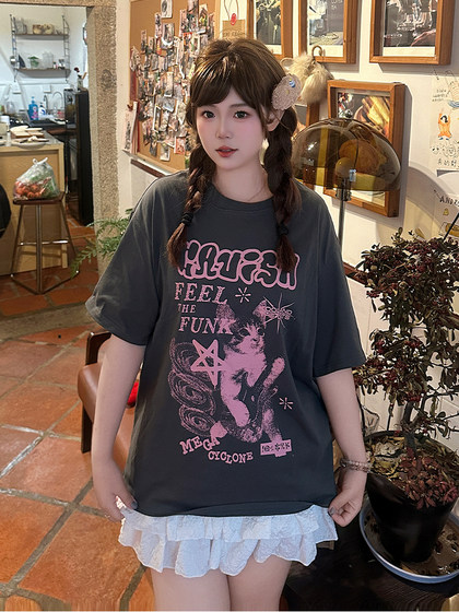 YUZI鱼子减龄撞色猫咪T恤大码女装微胖mm显瘦遮肉200斤重磅纯棉