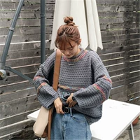 Hàn Quốc ulzzang phong cách Harajuku bf mùa thu và mùa đông Phiên bản Hàn Quốc của thủy triều hoang dã đầu tròn cổ áo len học sinh nữ áo len nữ form rộng
