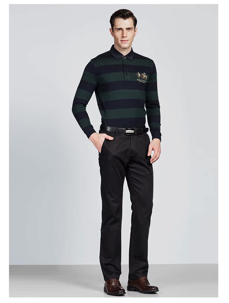 Ya Tao áo thun nam cotton polo áo màu tương phản sọc dài tay nam áo thun trung niên thêu hoa ve áo từ bi ao thun polo nam