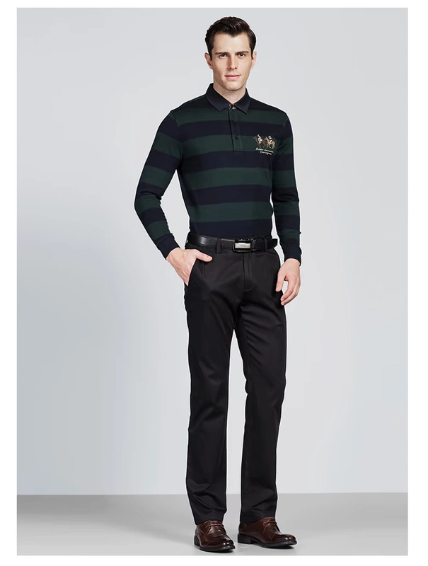 Ya Tao áo thun nam cotton polo áo màu tương phản sọc dài tay nam áo thun trung niên thêu hoa ve áo từ bi