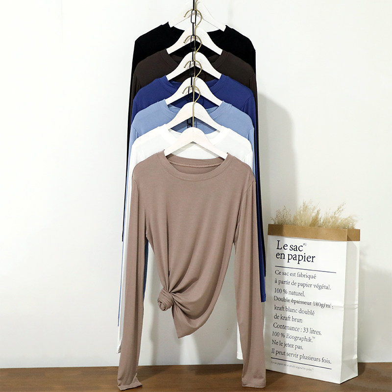 2021 Spring autumn 100 hitch new Modale Long sleeves Nets for women's round neckline with a T-shirt thin pure blouse