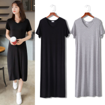 Modal dress Summer 2021 Large size thin A long dress Short sleeve V-neck black sundress Slim spring and autumn base skirt