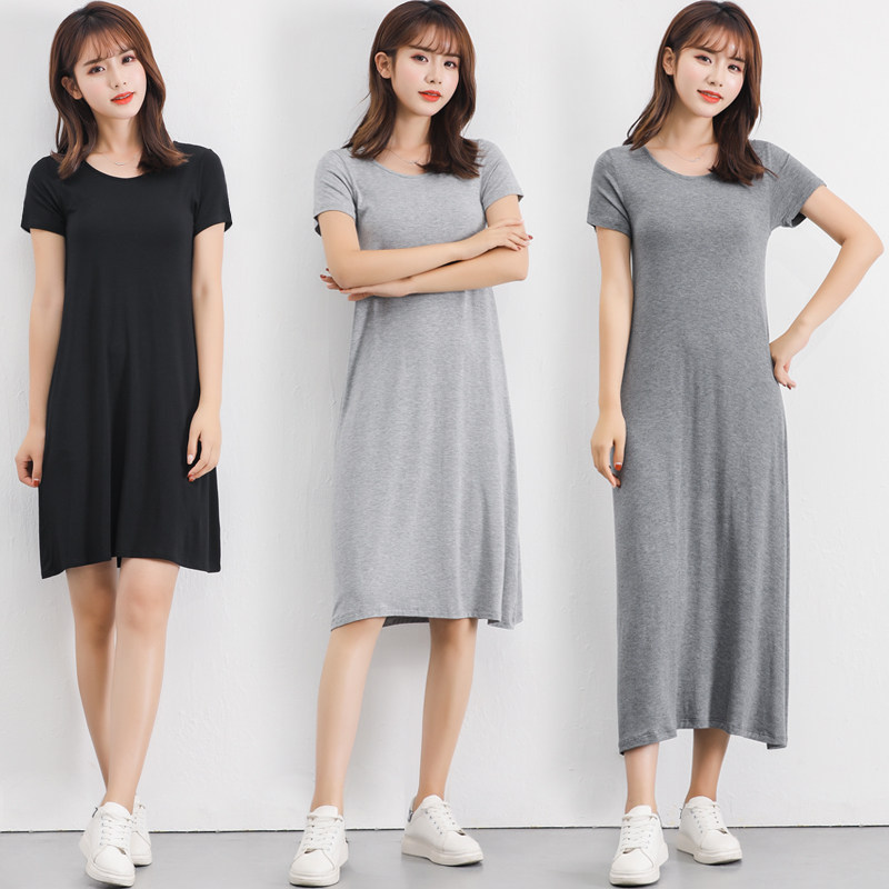 Summer Modale Ocean dress Large size 100 lap long dress Neover dress Slim Woman Fat MM Skirt Spring Short Sleeve Bottom Skirt Black