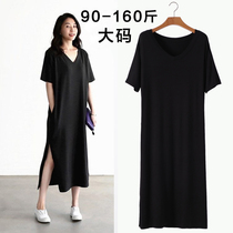 2021 summer new modal split long dress slim large size loose A-line skirt short sleeve pocket V-neck dress