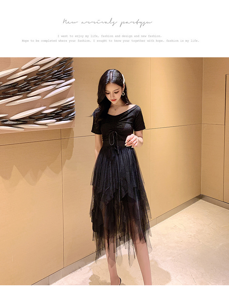 VK旗艦店 韓系一字領網紗拼接高腰顯瘦長版短袖洋裝