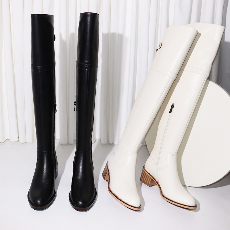 New high cylinder boots full genuine leather small submi white over knee boots female long cylinder boots high heel drop slim long boots