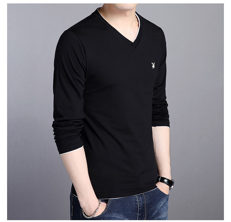 Playboy thu đông nam thanh niên áo thun dài tay cotton cổ chữ V nam cộng với áo nhung dày chạm đáy triều ao thun nam