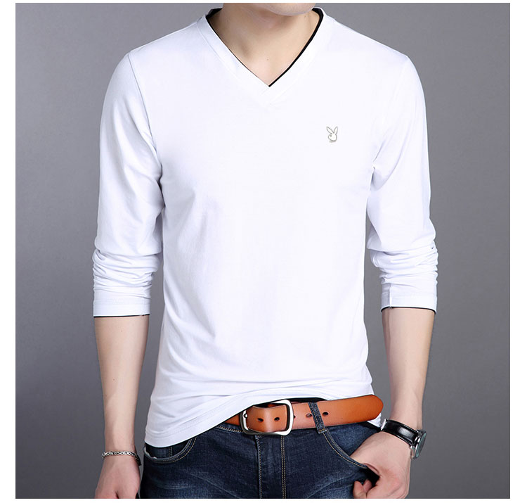Playboy thu đông nam thanh niên áo thun dài tay cotton cổ chữ V nam cộng với áo nhung dày chạm đáy triều ao thun nam
