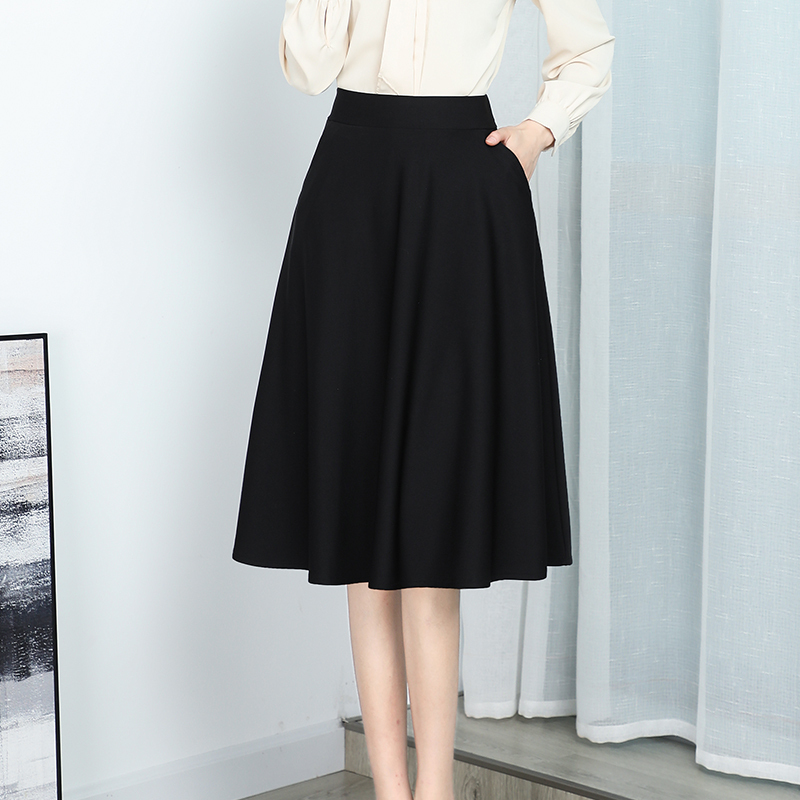 Spring and Summer New Women's Mid-Length Pleated A-Line Elastic Umbrella Skirt with High Waist and Pockets, Sun Skirt, Black Skirt