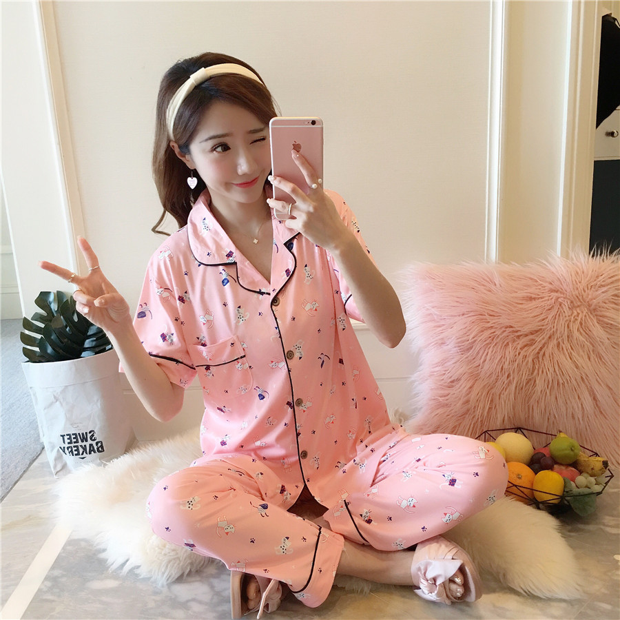 Mùa hè bông đồ ngủ của phụ nữ ngắn tay quần cotton cardigan hai mảnh phần mỏng lỏng bên ngoài mặc dịch vụ nhà phù hợp với