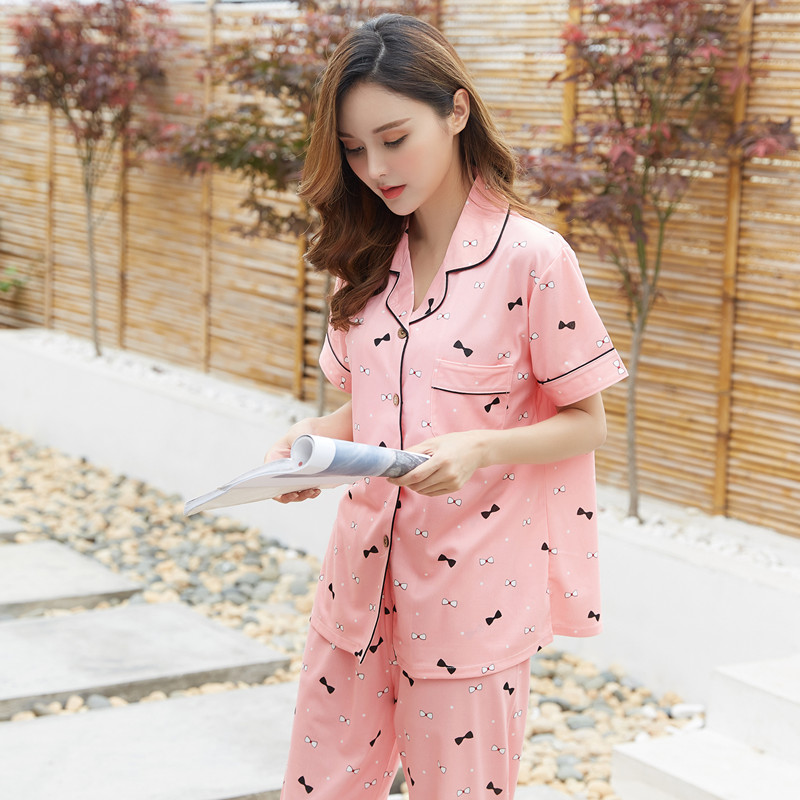 Mùa hè bông đồ ngủ của phụ nữ ngắn tay quần cotton cardigan hai mảnh phần mỏng lỏng bên ngoài mặc dịch vụ nhà phù hợp với