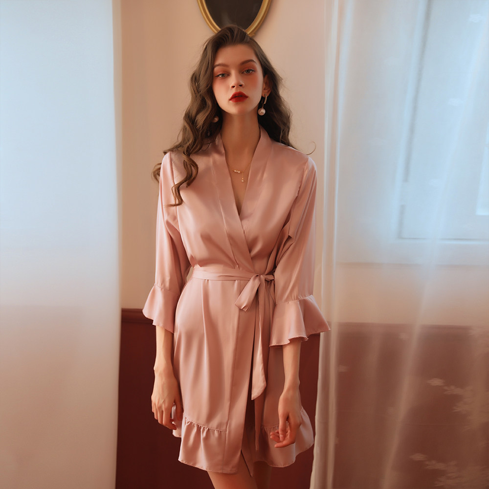 VimiGangnam Seductive Private Room Sexy Pyjamas Pure Desire Real Silk Lotus Leaf Cuffs Open-Shirt Sleepsy New Year Bridesmaid Morning Gown